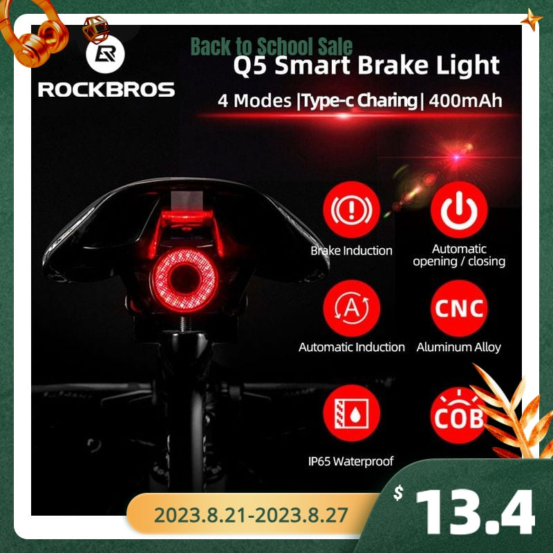 ROCKBROS Smart Bike Auto Brake Sensing Light IPx6 Waterproof LED Charging Cycling Rear Light Bicycle Rear Light Accessories Q5