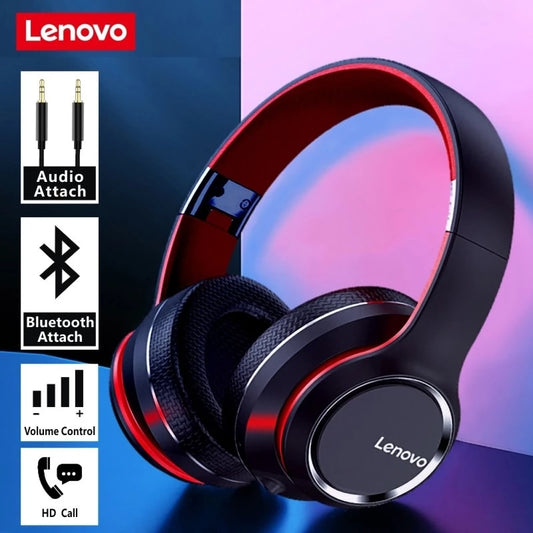 Auriculares Lenovo HD200 con Bluetooth, auriculares inalámbricos plegables para ordenador con cancelación de ruido, auriculares estéreo HIFI para juegos